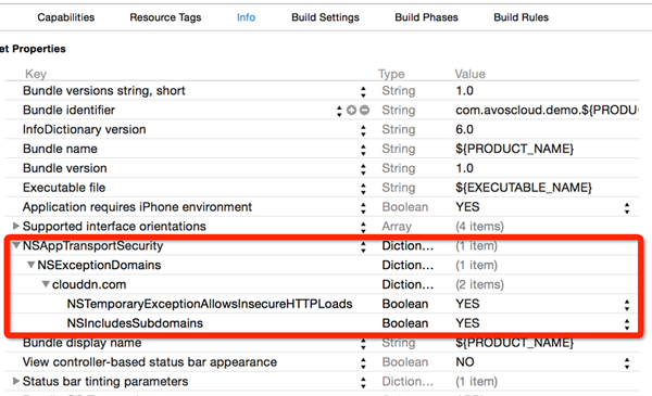 在「NSAppTransportSecurity > NSExceptionDomains > clouddn.com」下面分别添加「NSTemporaryExceptionAllowsInsecureHTTPLoads」和「NSIncludesSubdomains」两个 Boolean 字段并将它们的值设为 YES。